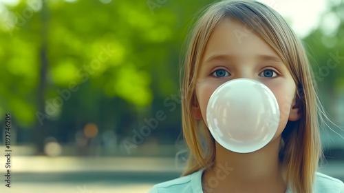 Adorable girl blowing a bubblegum bubble outdoors.  A heartwarming image perfect for blogs, websites, or advertising related to childhood, happiness, and summer fun. photo