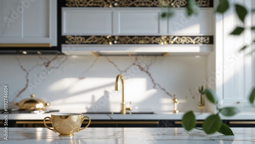 A contemporary, chic kitchen featuring stylish black and white cabinets, golden fixtures, and marble tiles
