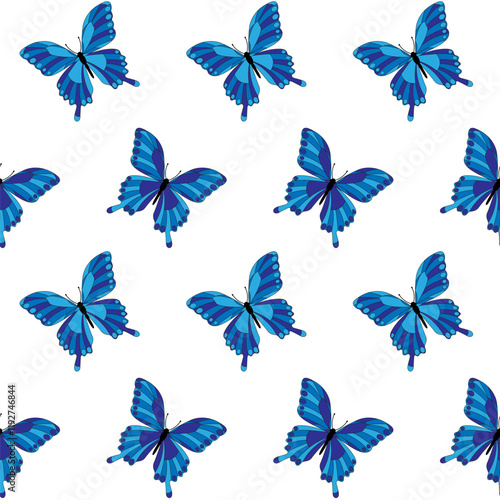 Bright blue swallowtail butterflies. Seamless decorative pattern on transparent background.