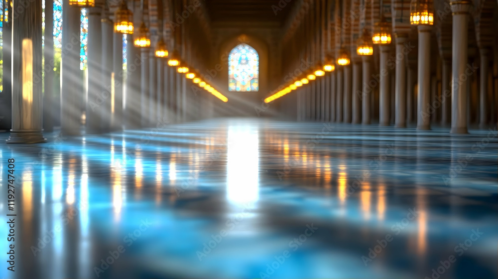 Sunbeams illuminate a grand mosque's interior hallway, showcasing intricate columns and stained glass. Perfect for religious, spiritual, or architectural themed projects Sunbeams illuminate a grand mosque's interior hallway, showcasing intricate columns and stained glass. Perfect for religious, spiritual, or architectural themed projects
