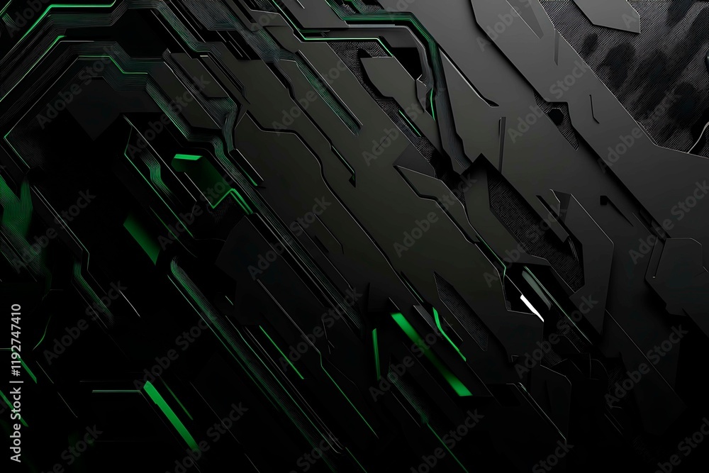 Abstract black background with green accents, futuristic design elements, and geometric patterns, perfect for technology and gaming themes.
Abstract black background with green accents, futuristic design elements, and geometric patterns, perfect for technology and gaming themes.