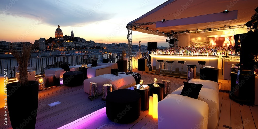 Fototapeta premium Stylish Rooftop Lounge at Sunset with City Skyline View for Social Gatherings