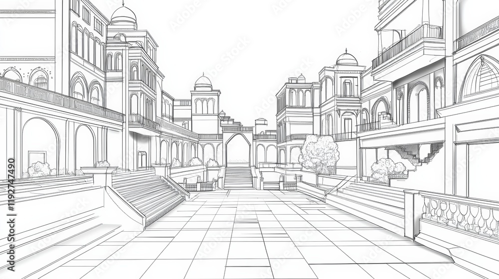 Obraz premium 3D illustration abstract modern urban building out-line black and white drawing of imagination architecture building construction perspective design.
