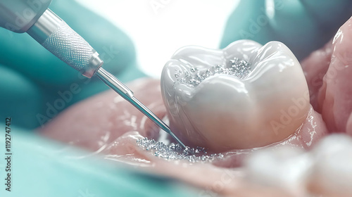 Closeup of a dental procedure in progress.  A precise instrument meticulously works on a tooth filling, showcasing the detail and precision of modern dentistry.