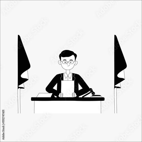 Male judge at a desk in flat vector illustration symbolizing justice, decision making, and law, isolated on white background.