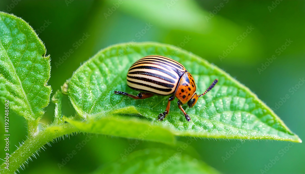 Striped beetle on vibrant green leaf. Macro photography showcasing intricate detail. Ideal for nature, agriculture, or pest control themes. Striped beetle on vibrant green leaf. Macro photography showcasing intricate detail. Ideal for nature, agriculture, or pest control themes.