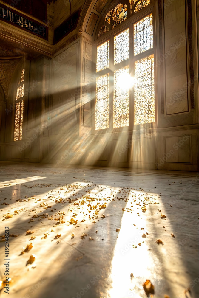 Obraz premium Sunbeams illuminate a grand, ornate room's marble floor, dust motes dancing in the golden light streaming through a stained-glass window; perfect for interior design, architecture, or serenity themes