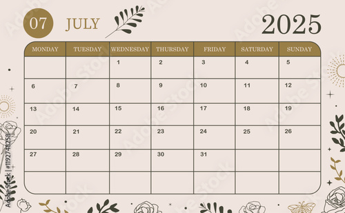 2025 table monthly calendar week start on Sunday with boho style that use for horizontal digital and printable A4 A5 size
