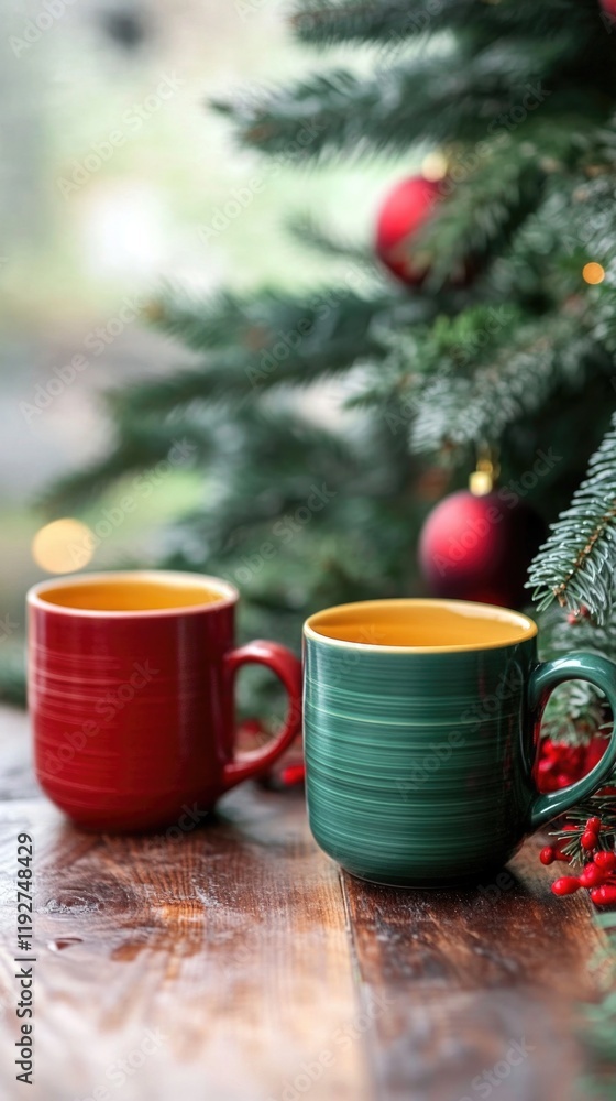 Two vibrant red and green mugs placed on a wooden surface, with a blurred Christmas tree background, a cozy holiday vibe Two vibrant red and green mugs placed on a wooden surface, with a blurred Christmas tree background, a cozy holiday vibe