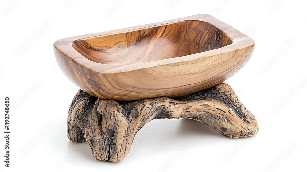 Obraz premium Rustic Wooden Bowl on Tree Stump Base Hand Carved Natural Wood Grain