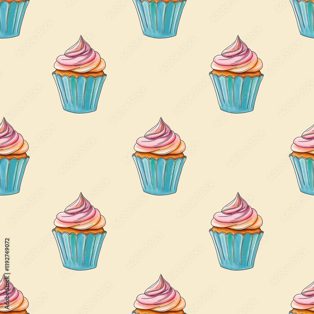 Fresh Sweet Cupcakes Seamless Pattern on Pastel Yellow Background Fresh Sweet Cupcakes Seamless Pattern on Pastel Yellow Background