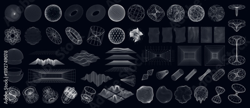 Futuristic 3D Sci-fi elements. Geometric spheres with glitch and liquid effect, wireframe 3d spaces, mechanical drawings, Sci-fi objects, landscape of the area. Universal geometric shapes. Vector