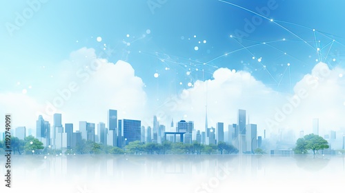 Fototapeta Naklejka Na Ścianę i Meble -  Illustration of the city of the future in blue, white and green colors. Eco city with smart technologies concept