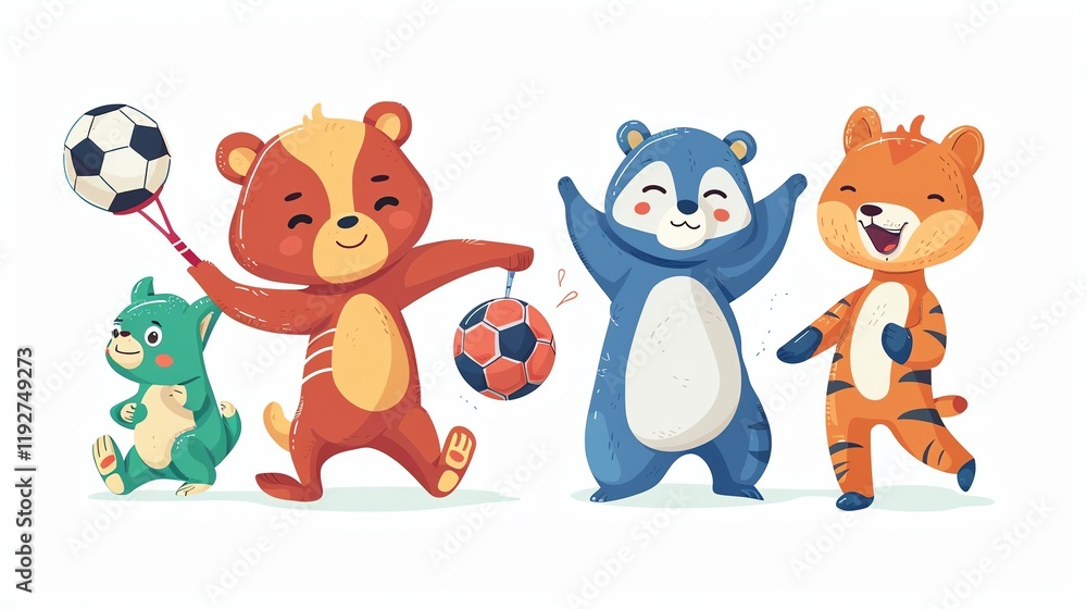 A cartoon illustration of four animals playing with a soccer ball. A cartoon illustration of four animals playing with a soccer ball.