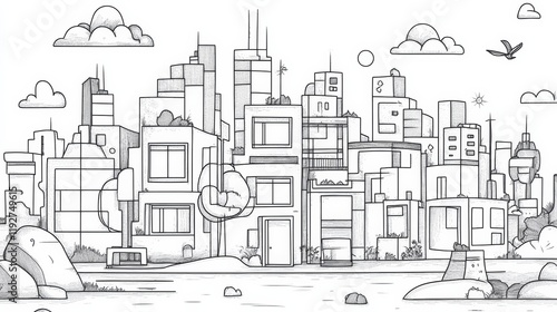 Wallpaper Mural 3D illustration abstract modern urban building out-line black and white drawing of imagination architecture building construction perspective design. Torontodigital.ca