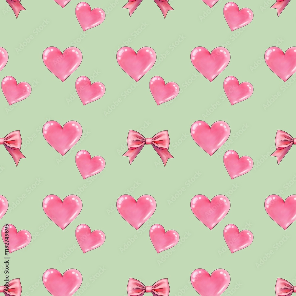 Pink Bow and Pink Heart Seamless Pattern on Pastel Green Background Pink Bow and Pink Heart Seamless Pattern on Pastel Green Background