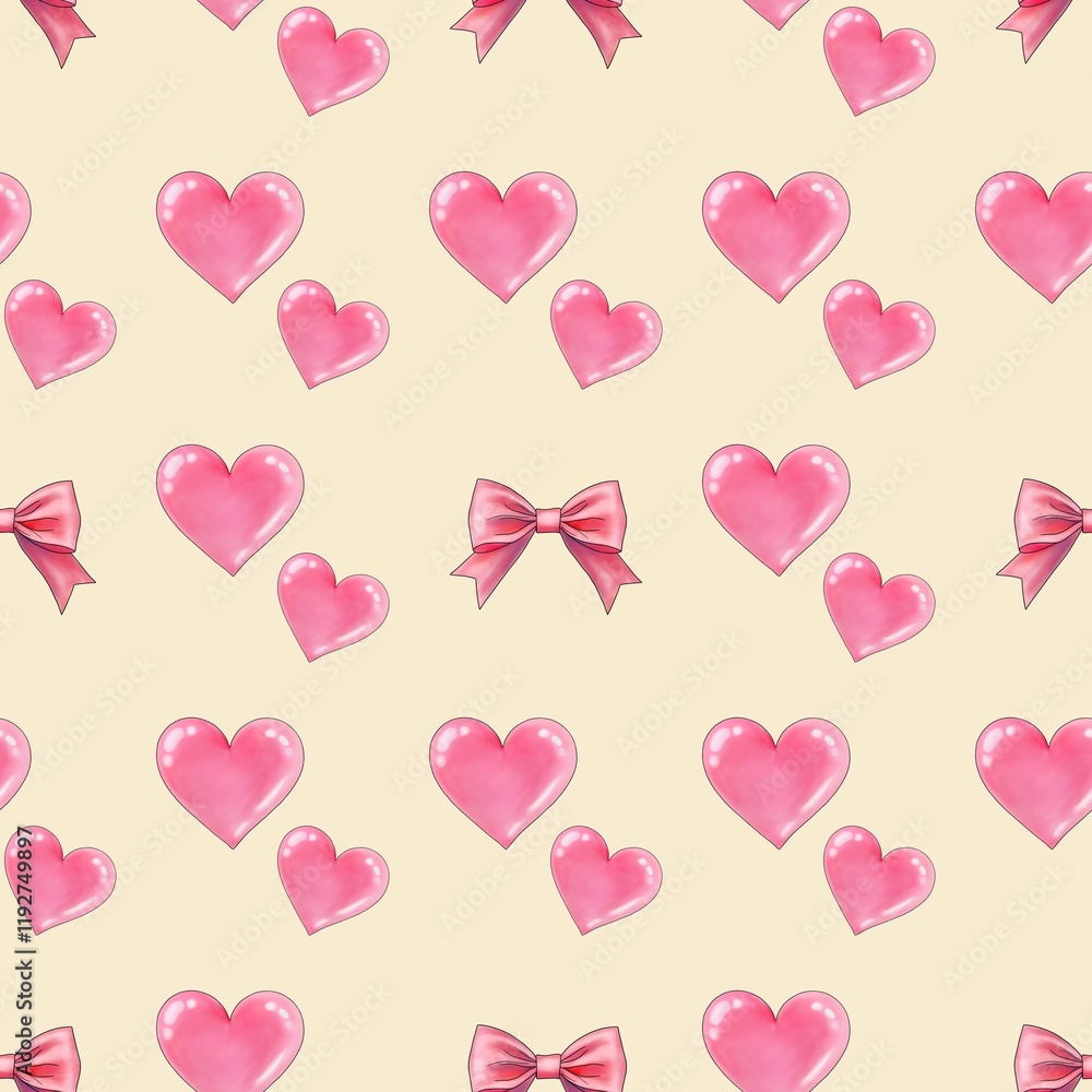 Pink Bow and Pink Heart Seamless Pattern on Pastel Yellow Background Pink Bow and Pink Heart Seamless Pattern on Pastel Yellow Background