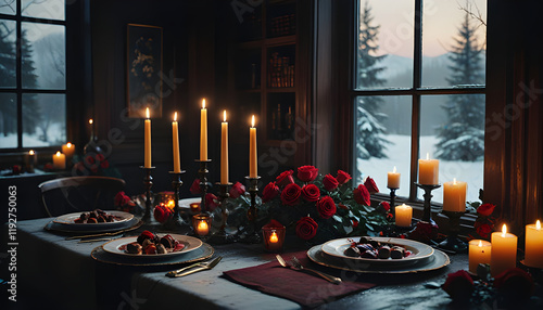 Valentine’s Day table setup with candles, flowers, and snowy view
 photo