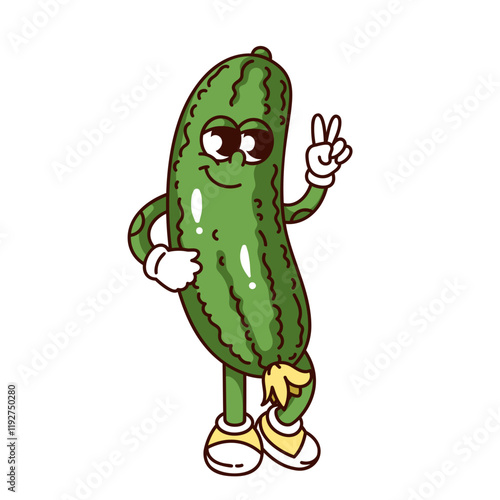 Groovy cucumber cartoon character with peace hippie gesture. Funny retro green vegetable with flower showing V fingers. Food mascot, cartoon cucumber sticker of 70s 80s style vector illustration