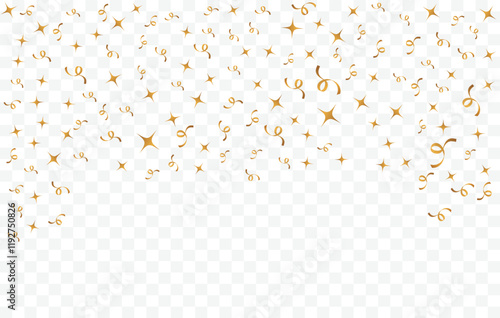 Gold star and confetti. Confetti celebration party background design, Falling shiny golden star confetti isolated on transparent background