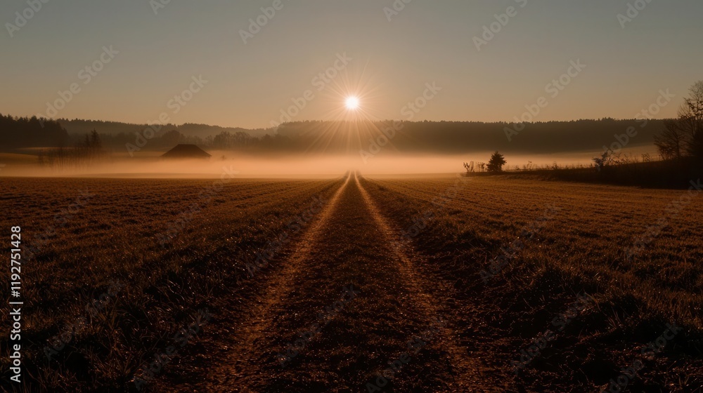 Sunrise action over misty field rural landscape tranquil morning wide angle nature beauty Sunrise action over misty field rural landscape tranquil morning wide angle nature beauty