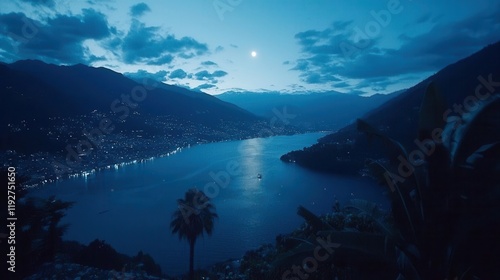 Nighttime serenity over lake como italy scenic landscape peaceful atmosphere wide-angle view nature's beauty