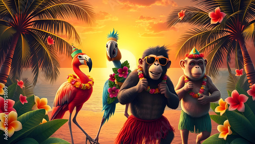 Playful animal party with tropical decorations
 photo