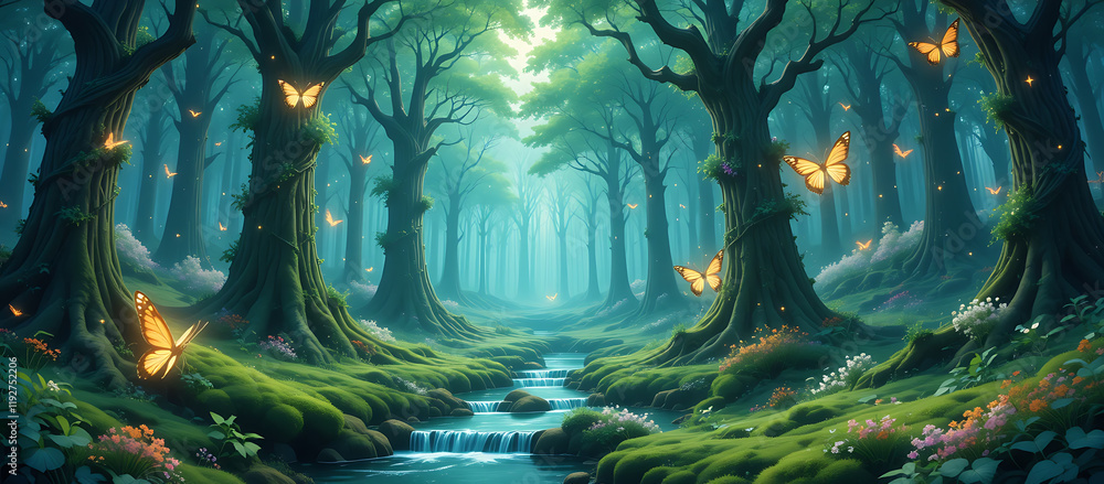 Butterflies Fluttering in Enchanted Forest with Glowing Trees and Butterflies Fluttering in Enchanted Forest with Glowing Trees and