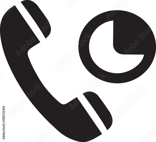 A simple, minimalistic design of a black phone icon on a white background. The icon is a stylized representation of a classic landline telephone with a rotary dial, a receiver, and a body made of two 