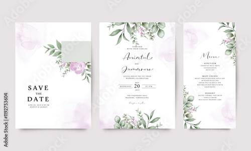 Elegant floral purple green plant wedding invitation template set