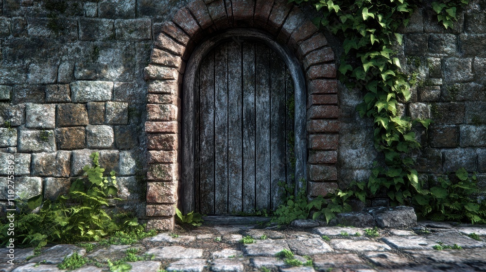 Weathered Stone Wall with Old Wooden Door and Ivy Climbing Weathered Stone Wall with Old Wooden Door and Ivy Climbing