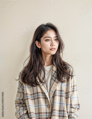 Wallpaper Mural Stylish Portrait of a Young Asian Woman in a Plaid Jacket Torontodigital.ca