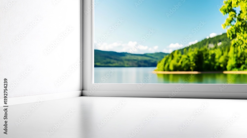 Fototapeta premium Serene Lakeside View from Bright Window. AI Generated