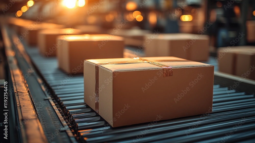 Packages on Conveyor Belt in Distribution Warehouse at Sunset, Highlighting Logistics Operations and Supply Chain Management in Action Packages on Conveyor Belt in Distribution Warehouse at Sunset, Highlighting Logistics Operations and Supply Chain Management in Action