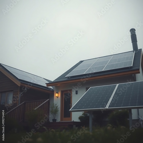 Solar panels on modern houses on cloudy day.