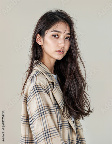 Wallpaper Mural Stylish Portrait of a Young Asian Woman in a Plaid Jacket Torontodigital.ca