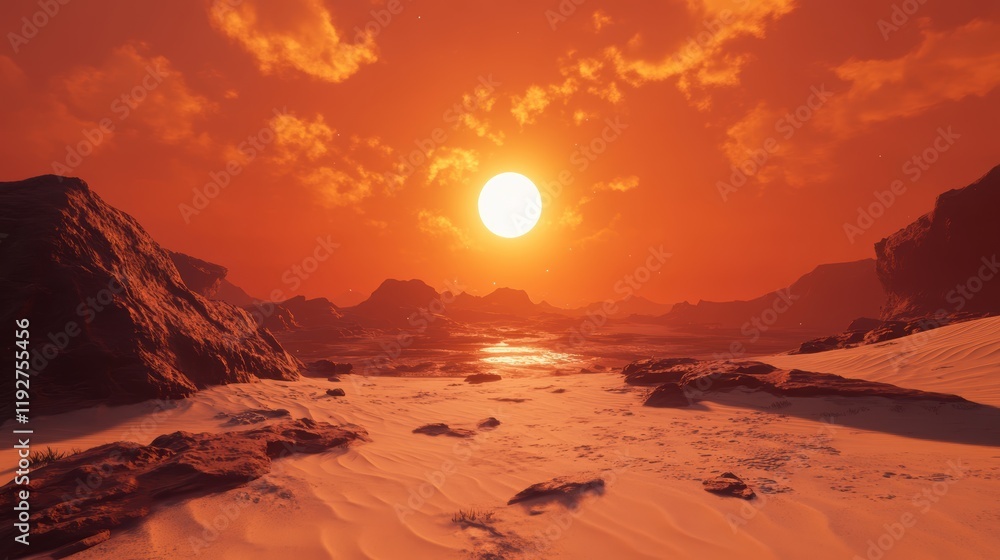 Breathtaking Sunset Over Desert Landscape with Fiery Sky and Rocks Breathtaking Sunset Over Desert Landscape with Fiery Sky and Rocks