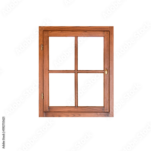 Wooden casement window with brass handle isolated on white background photo