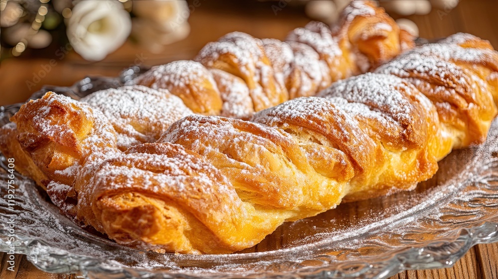 Homemade braided strudel dusted with powdered sugar and served on a glass plate. Homemade braided strudel dusted with powdered sugar and served on a glass plate.