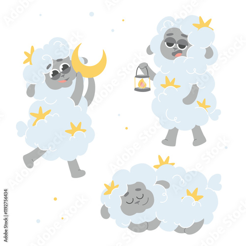 Set of cute curly sheep. Sleepy and sleeping sheep. Sheep for rest and falling asleep