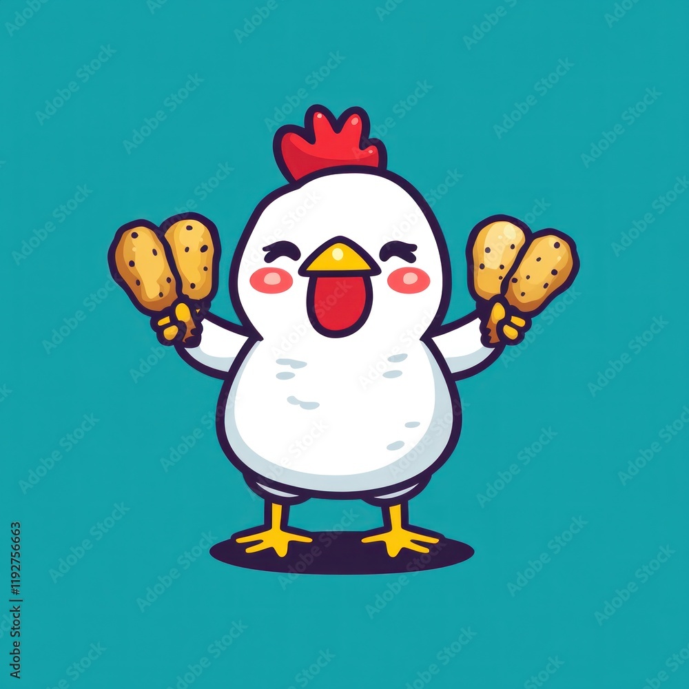 Fototapeta premium Happy cartoon chicken holding chicken nuggets against teal background