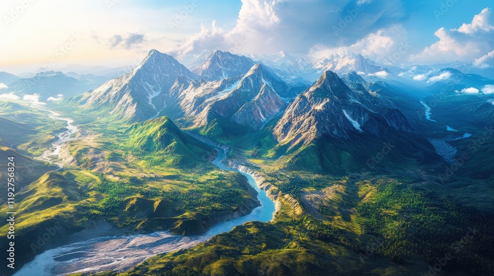 Naklejka premium Majestic Mountain Range Overlooking Serene River Landscape