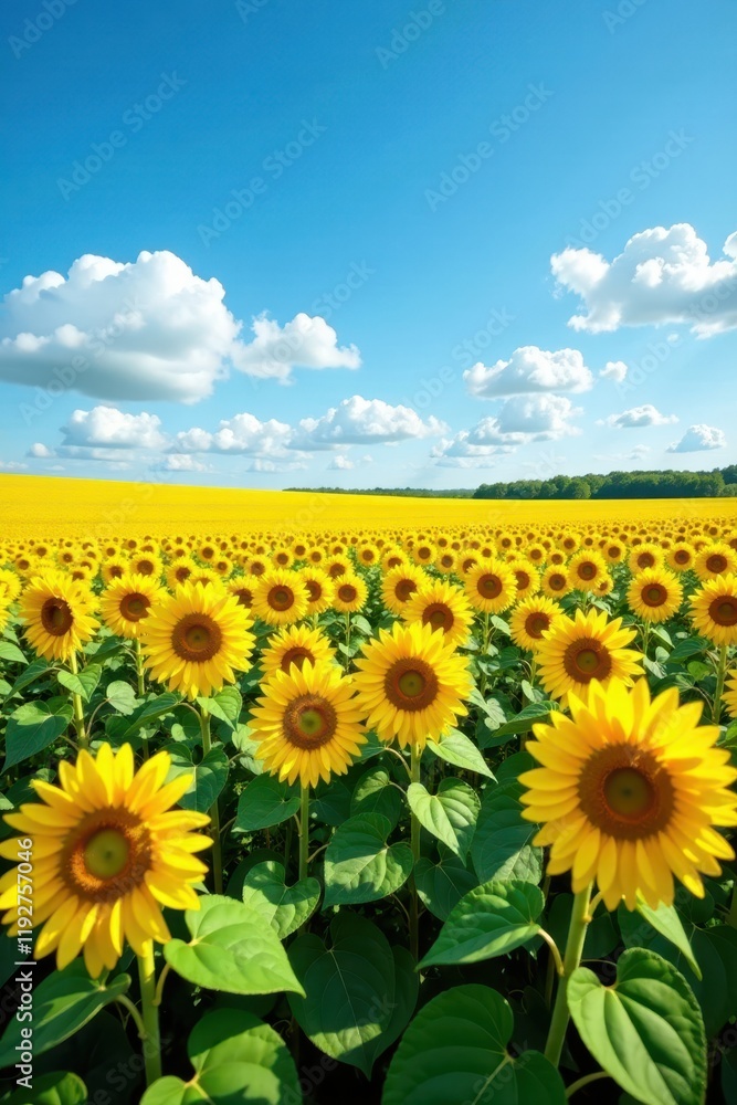 Fototapeta premium Vast sunflower field under a vibrant blue sky, sky background, summer, sky