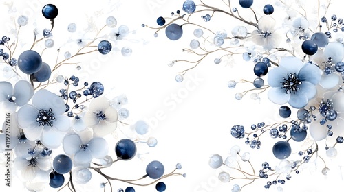 Fototapeta Naklejka Na Ścianę i Meble -  Blue   White Watercolor Floral Border  Winter Berries  Elegant Frame