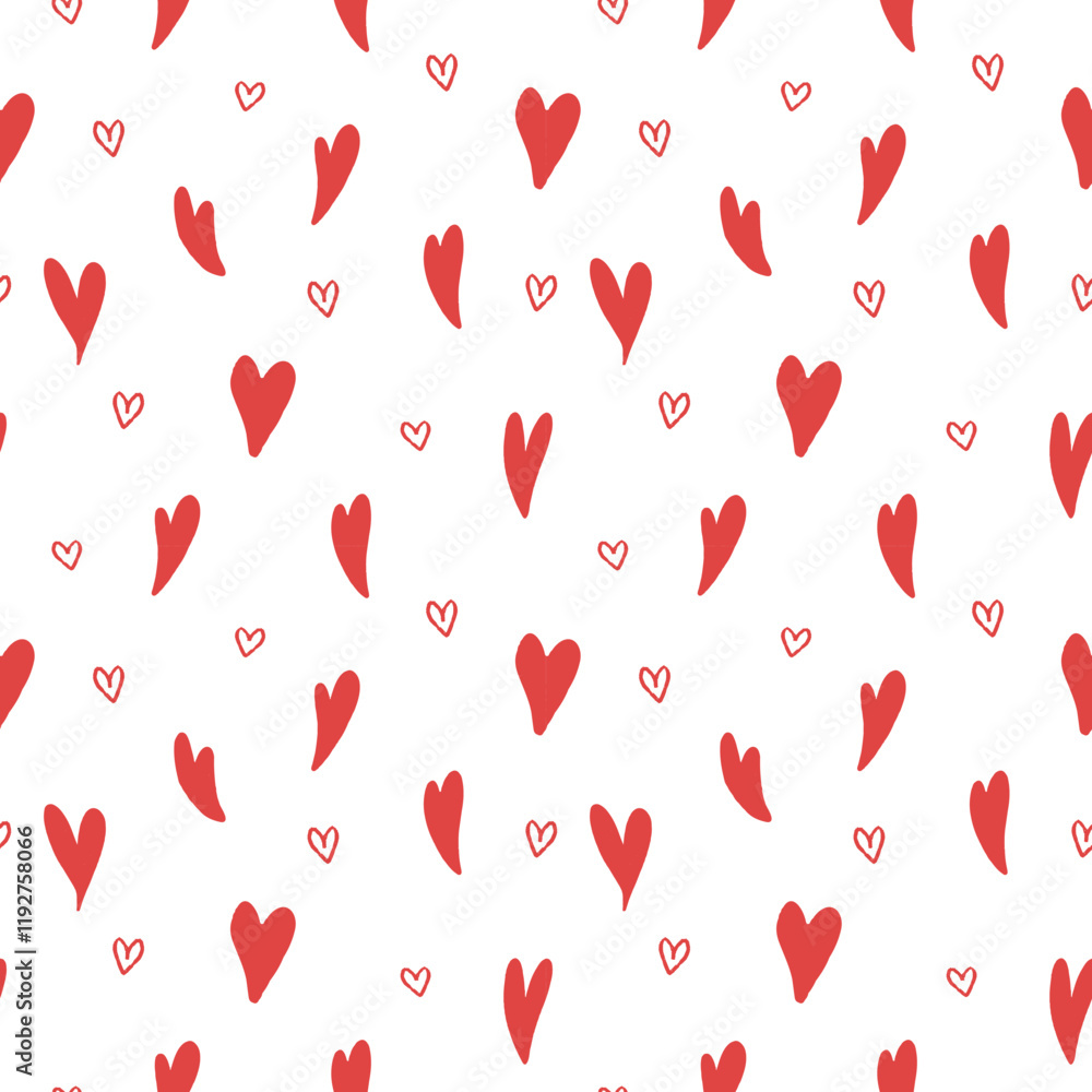 Seamless pattern featuring red and white hand-drawn hearts on a white background, perfect for Valentine's Day designs, romantic decorations, and love-themed Seamless pattern featuring red and white hand-drawn hearts on a white background, perfect for Valentine's Day designs, romantic decorations, and love-themed