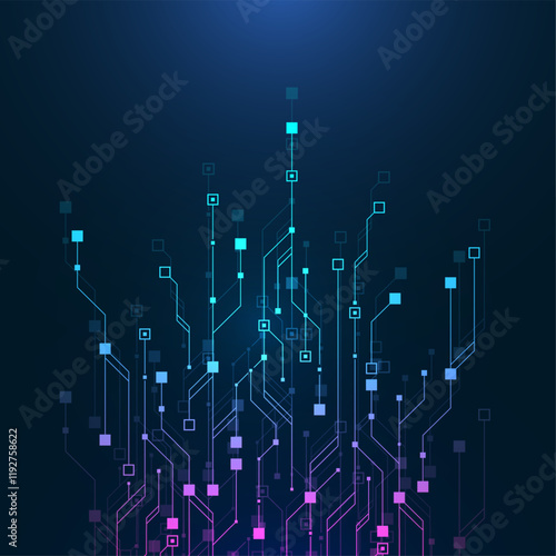 Artificial Intelligence or machine learning vector design. Quantum computer technology concept with circuit board and motherboard texture background design. Waves flow quantum explosion
