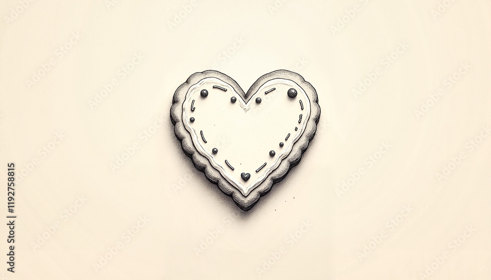 Elegant pencil sketch of heart-shaped cookie with detailed shading and simple icing design on textured beige paper background Elegant pencil sketch of heart-shaped cookie with detailed shading and simple icing design on textured beige paper background