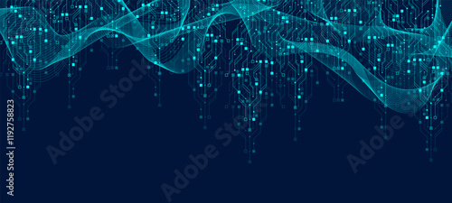 Artificial Intelligence or machine learning vector design. Quantum computer technology concept with circuit board and motherboard texture background design. Waves flow quantum explosion