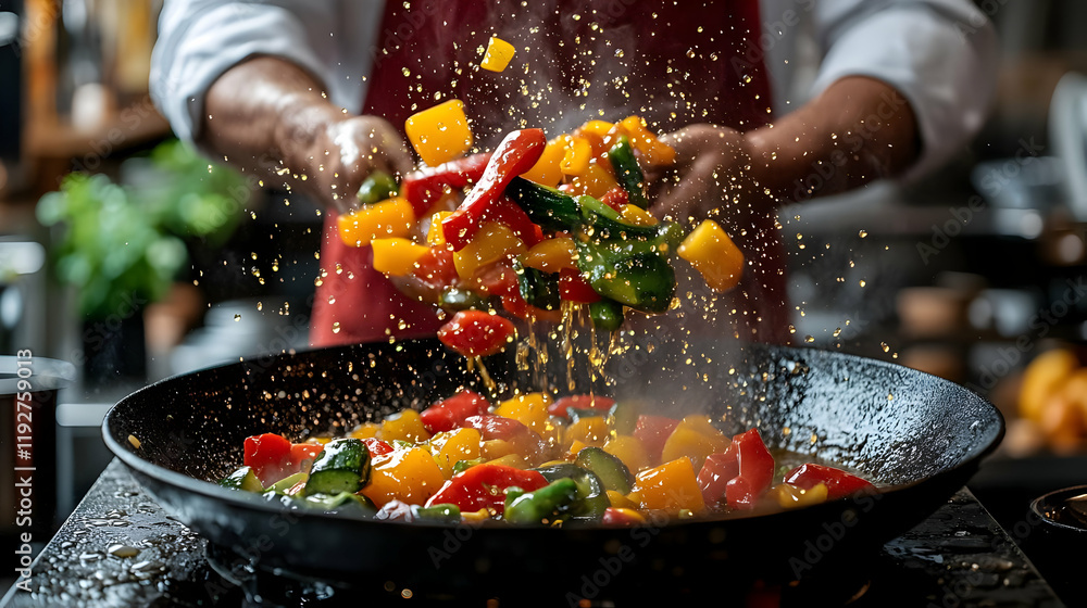 Fototapeta premium A Chef expertly tossing vibrant bell peppers and other vegetables in a hot wok, creating a dynamic and delicious stir-fry.