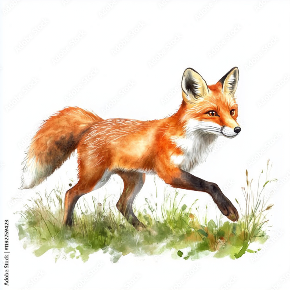 Obraz premium Illustration of the Red Fox in the forest, soft watercolor tones, white background, detailed illustration, cartoonish.